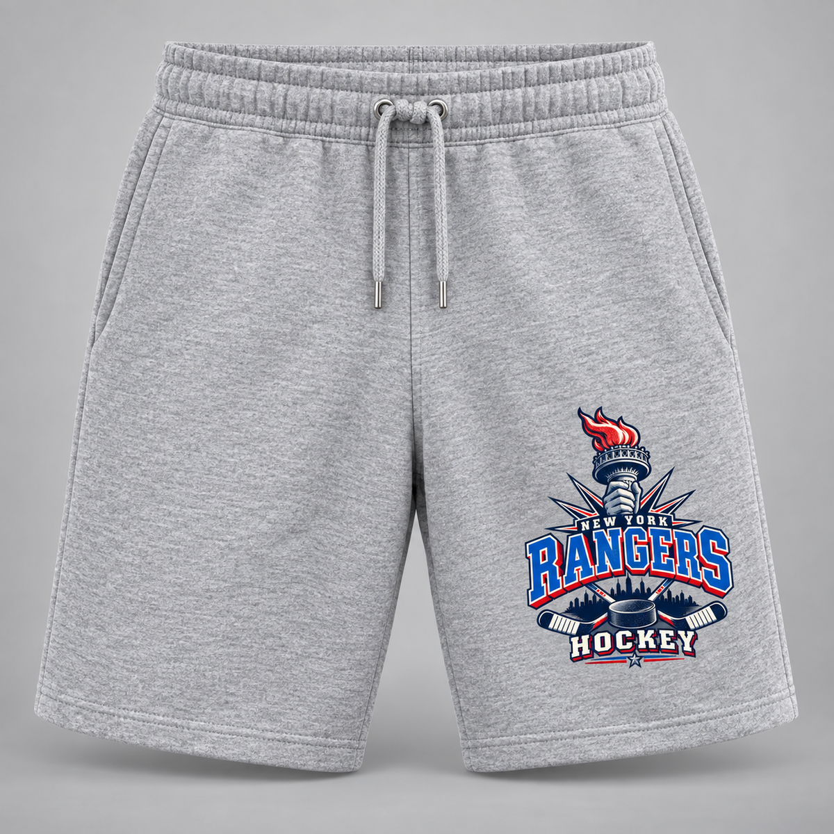New York Rangers Torch Retro Unisex Fleece Shorts in Sport Gray, front view