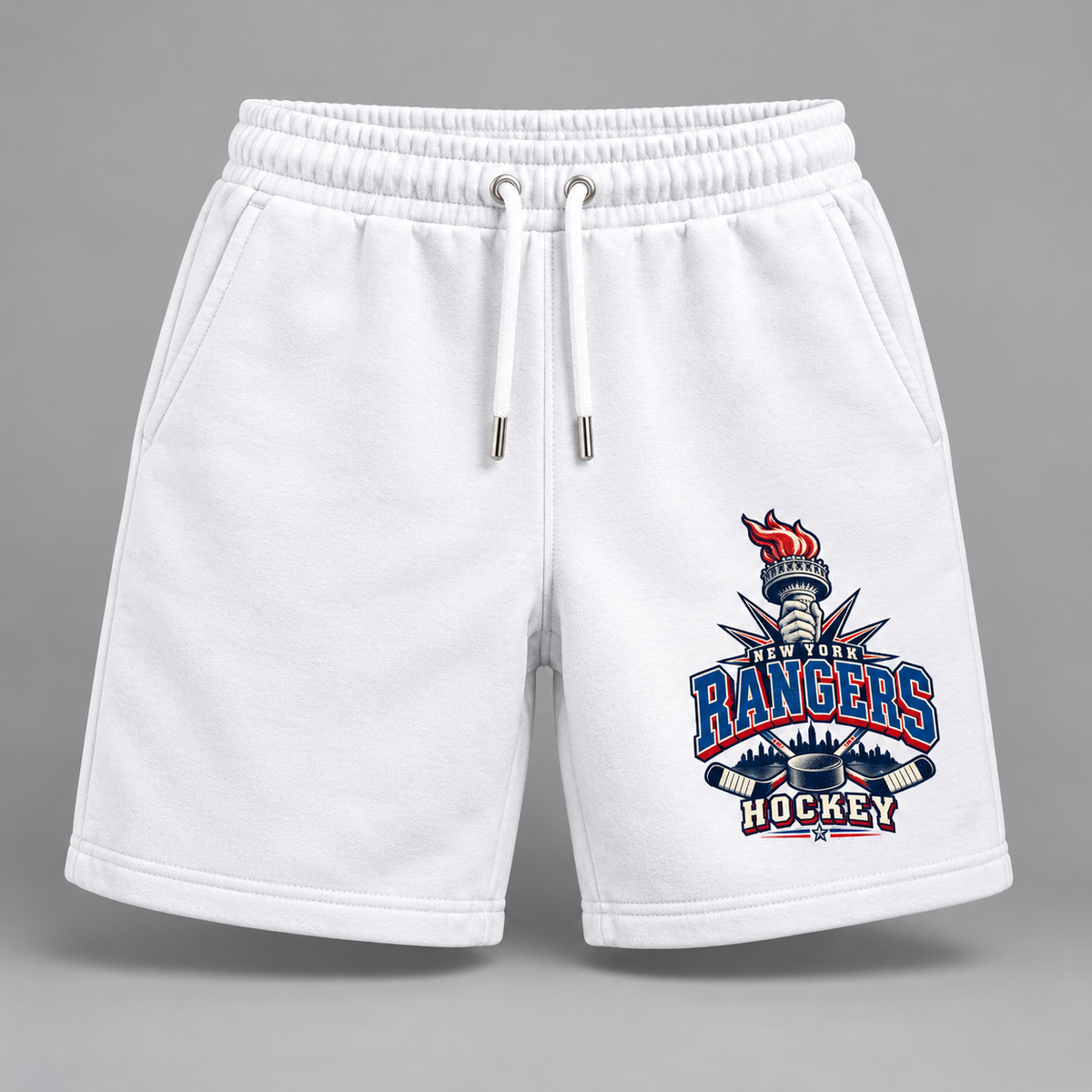 New York Rangers Torch Retro Unisex Fleece Shorts in White, front view