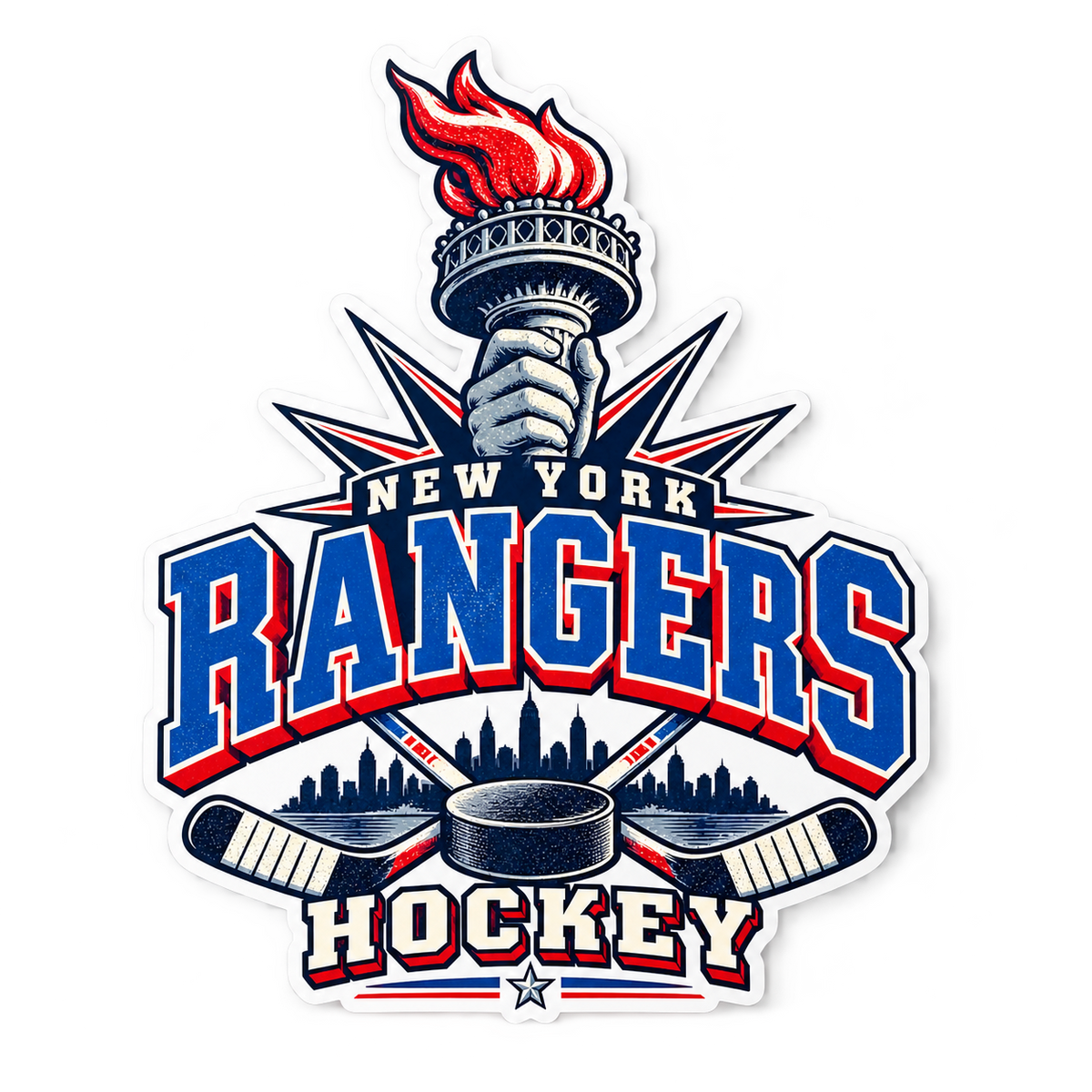 New York Rangers Torch Retro Hockey Die-Cut Sticker in Full Color, front view