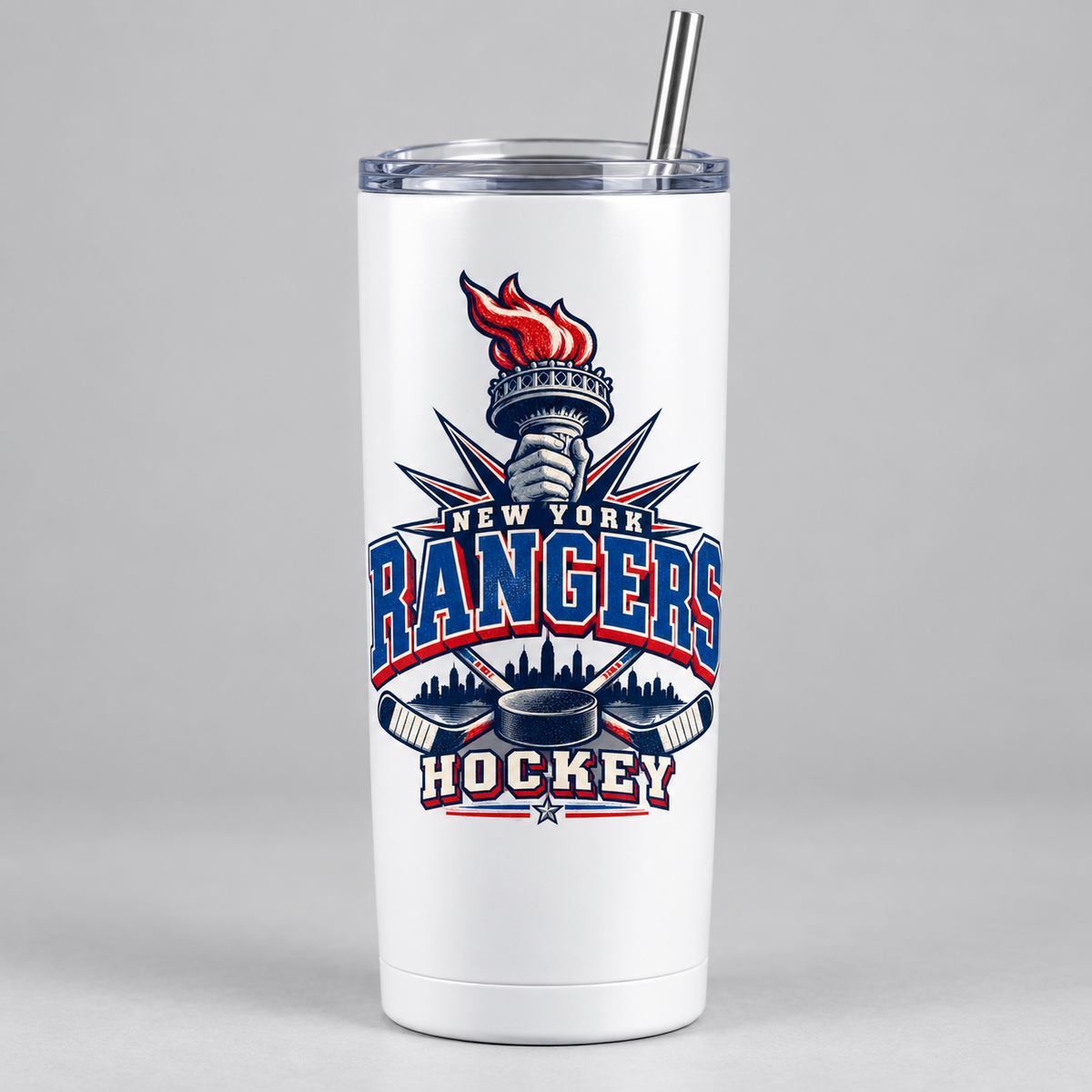New York Rangers Torch Retro Slim Tumbler in White, front view