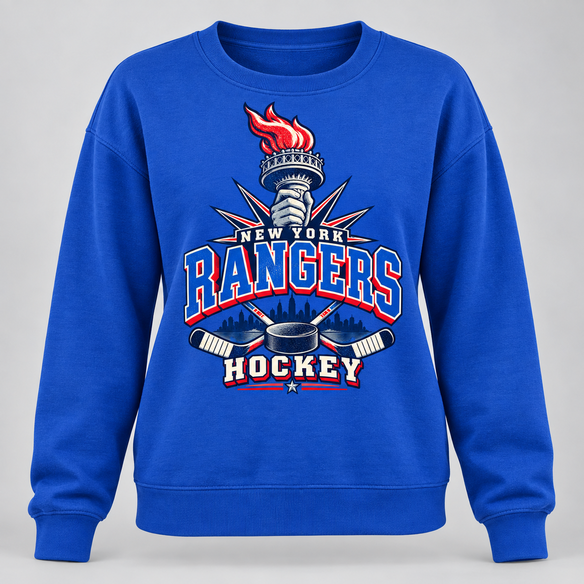New York Rangers Torch Retro Women's Relaxed Crewneck in Royal Blue, front view