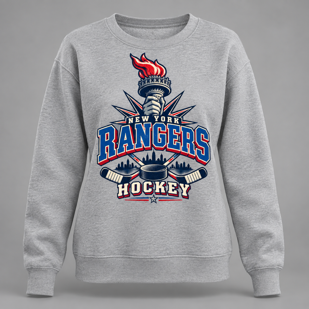 New York Rangers Torch Retro Women's Relaxed Crewneck in Sport Gray, front view