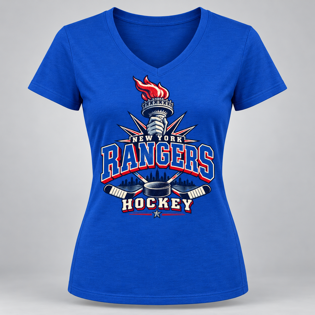 New York Rangers Torch Retro Women's V-Neck T-Shirt in Royal Blue, front view