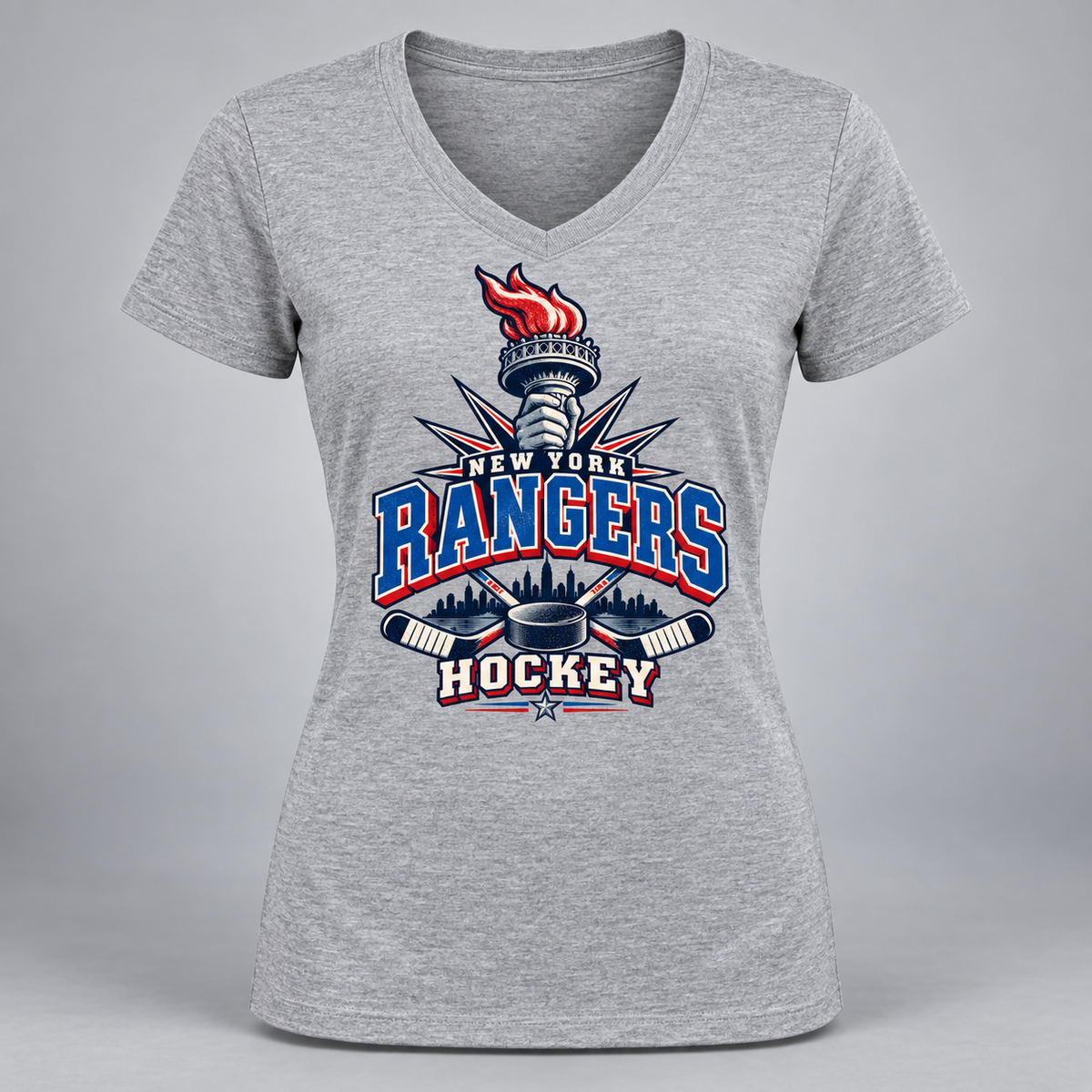 New York Rangers Torch Retro Women's V-Neck T-Shirt in Sport Gray, front view