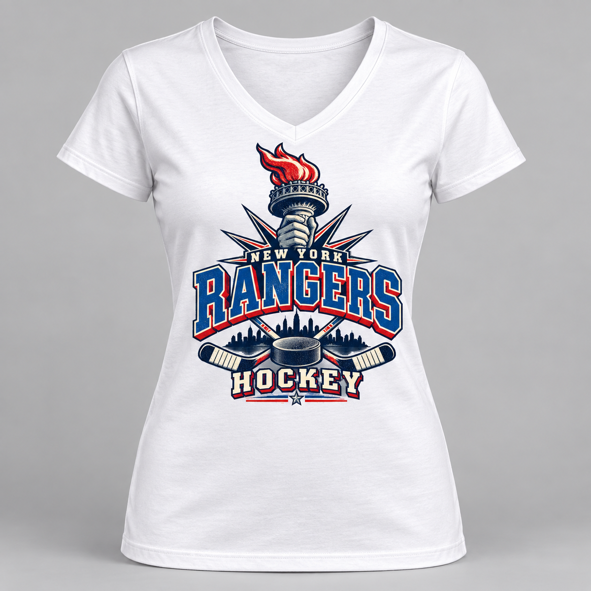 New York Rangers Torch Retro Women's V-Neck T-Shirt in White, front view