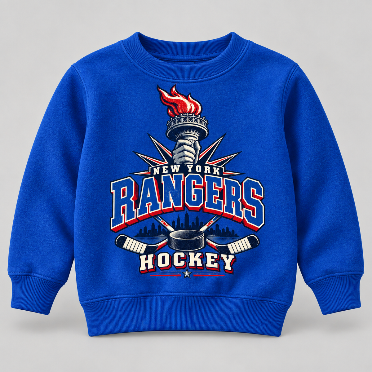 New York Rangers Torch Retro Youth Crewneck Sweatshirt in Royal Blue, front view