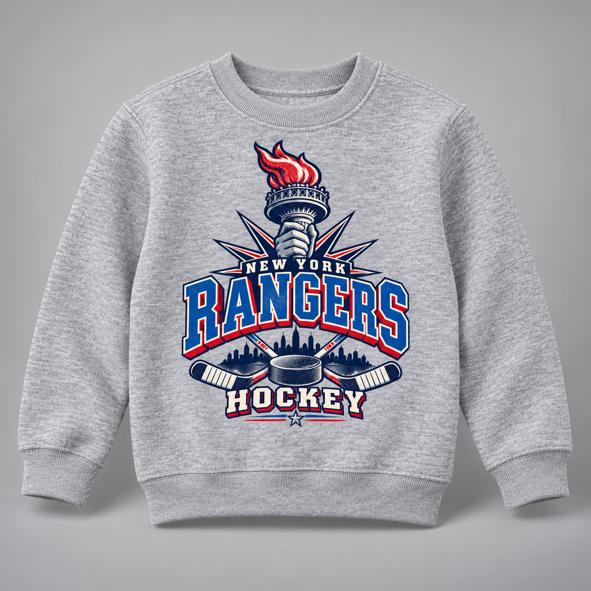 New York Rangers Torch Retro Youth Crewneck Sweatshirt in Sport Gray, front view