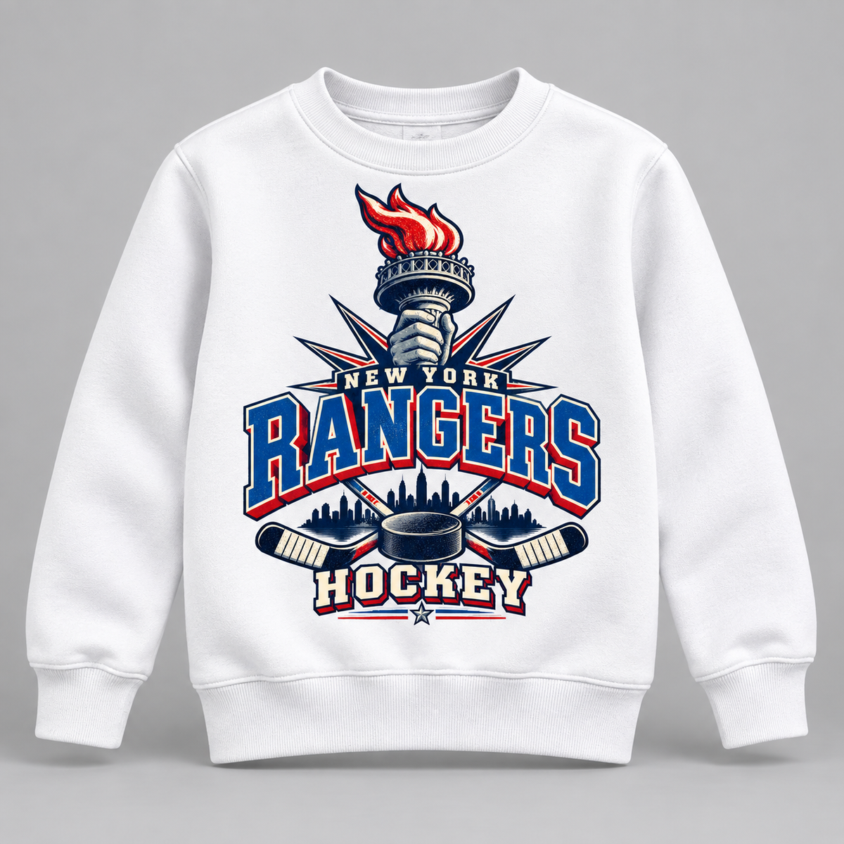 New York Rangers Torch Retro Youth Crewneck Sweatshirt in White, front view