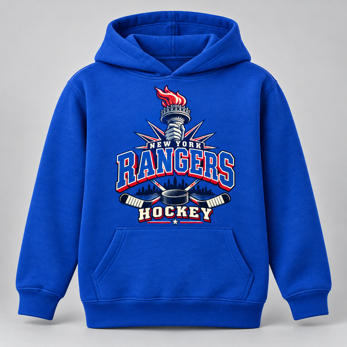 New York Rangers Torch Retro Youth Pullover Hoodie in Royal Blue, front view
