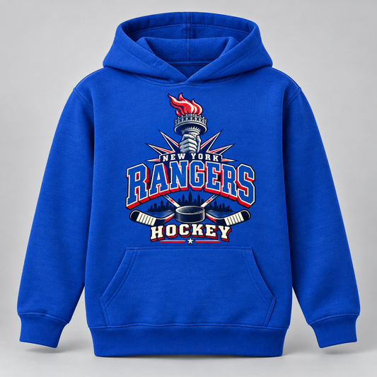 New York Rangers Torch Retro Youth Pullover Hoodie in Royal Blue, front view