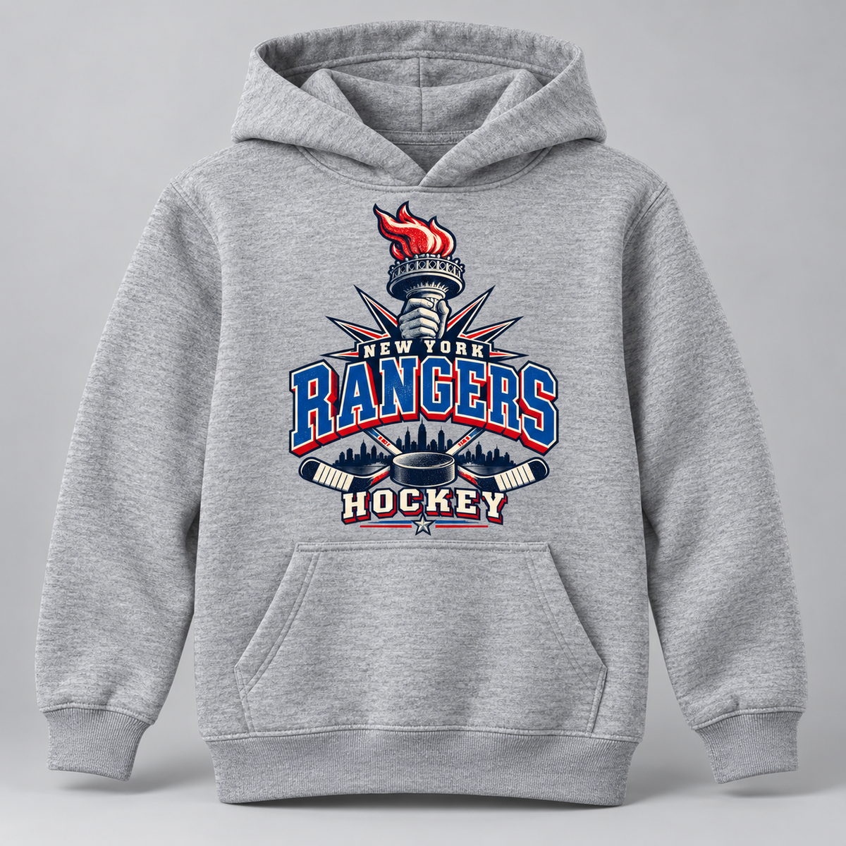 New York Rangers Torch Retro Youth Pullover Hoodie in Sport Gray, front view