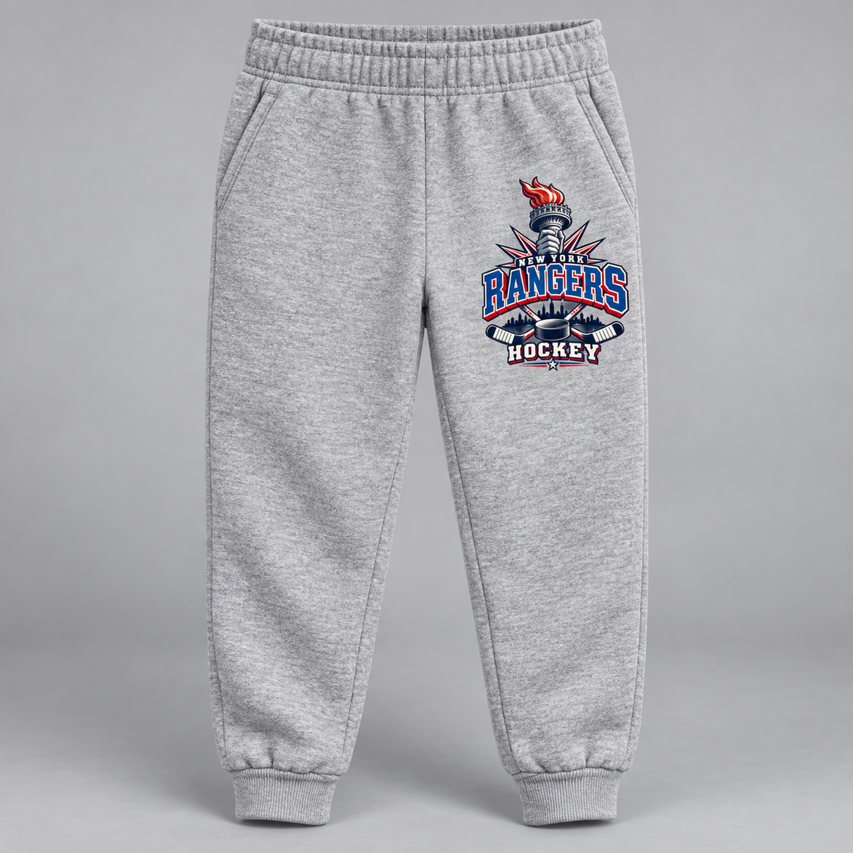 New York Rangers Torch Retro Youth Fleece Joggers in Sport Gray, front view