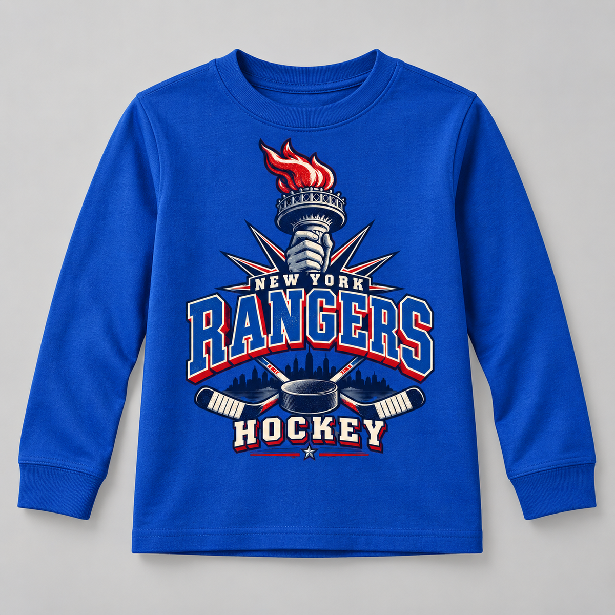 New York Rangers Torch Retro Youth Long Sleeve T-Shirt in Royal Blue, front view