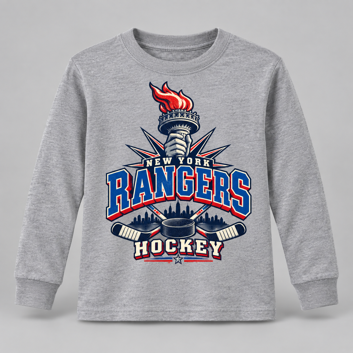 New York Rangers Torch Retro Youth Long Sleeve T-Shirt in Sport Gray, front view
