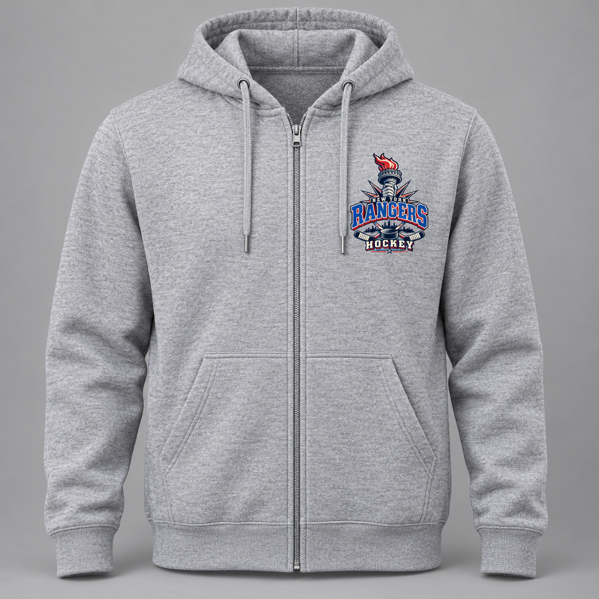 New York Rangers Torch Retro Unisex Full-Zip Hoodie in Sport Gray, front view
