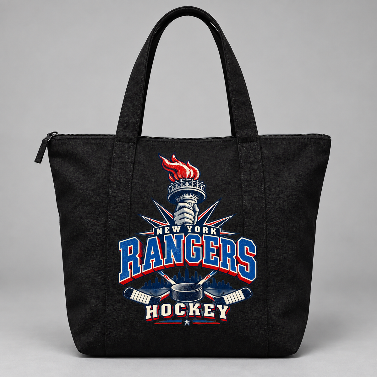 New York Rangers Torch Retro Zippered Tote Bag in Black, front view