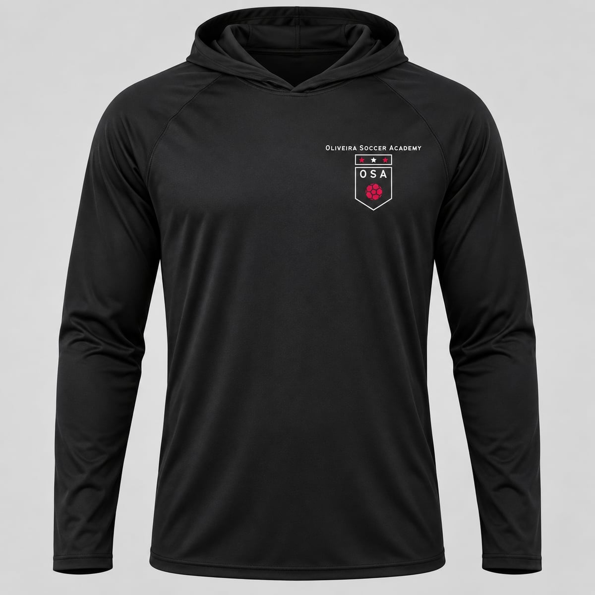 Oliveira Soccer Academy Original Crest Polyester Performance Hoodie - black front view