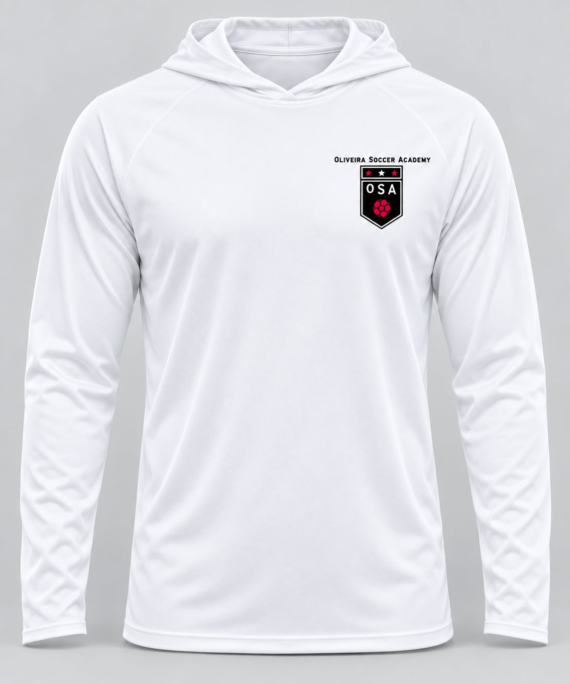 Oliveira Soccer Academy Original Crest Polyester Performance Hoodie - white front view