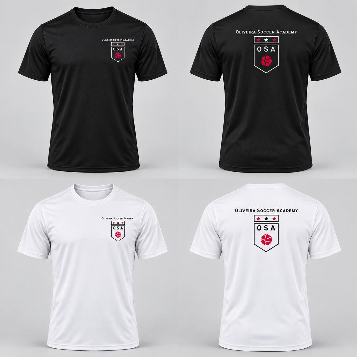 Oliveira Soccer Academy originaltee mockup: black and white front and back
