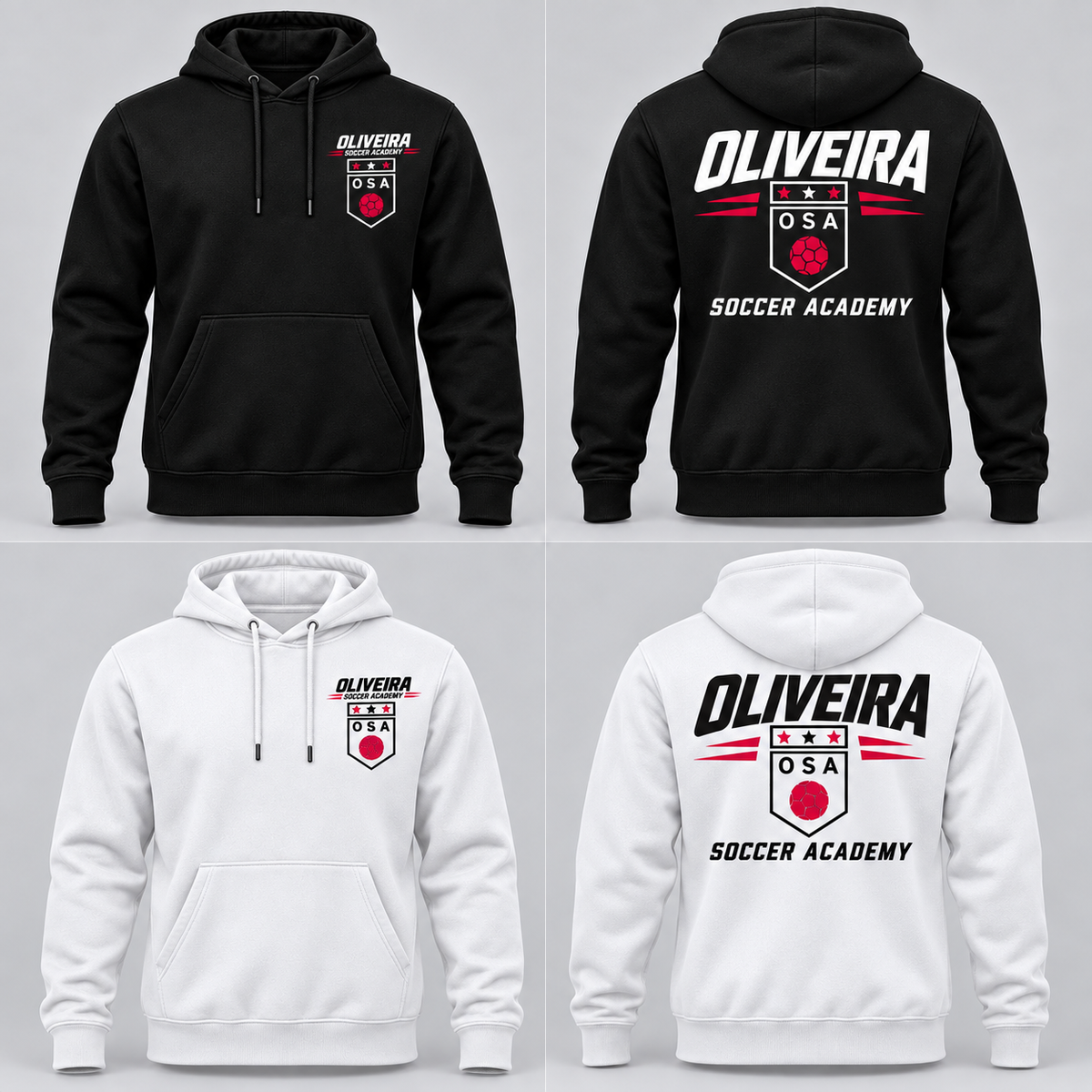 Oliveira Soccer Academy streetfleece mockup: black and white front and back