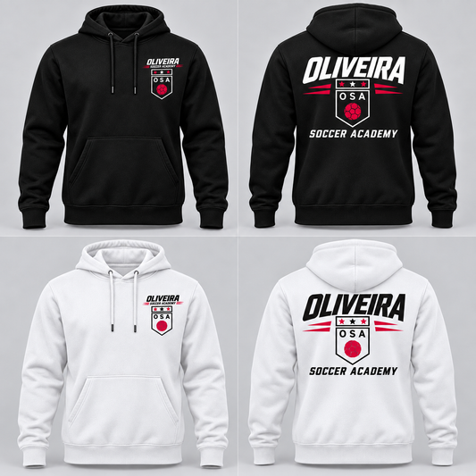 Oliveira Soccer Academy streetfleece mockup: black and white front and back