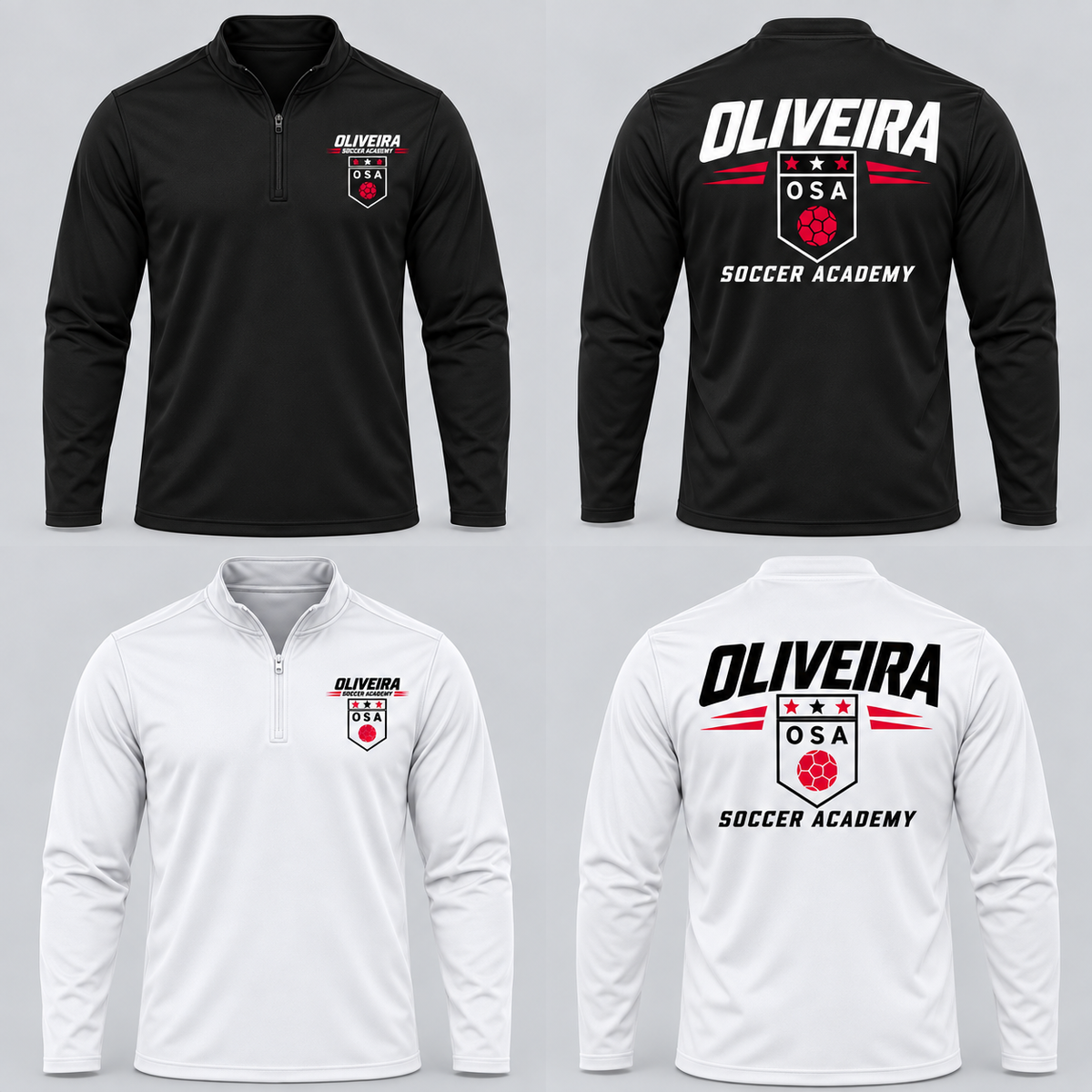 Oliveira Soccer Academy streetquarter mockup: black and white front and back