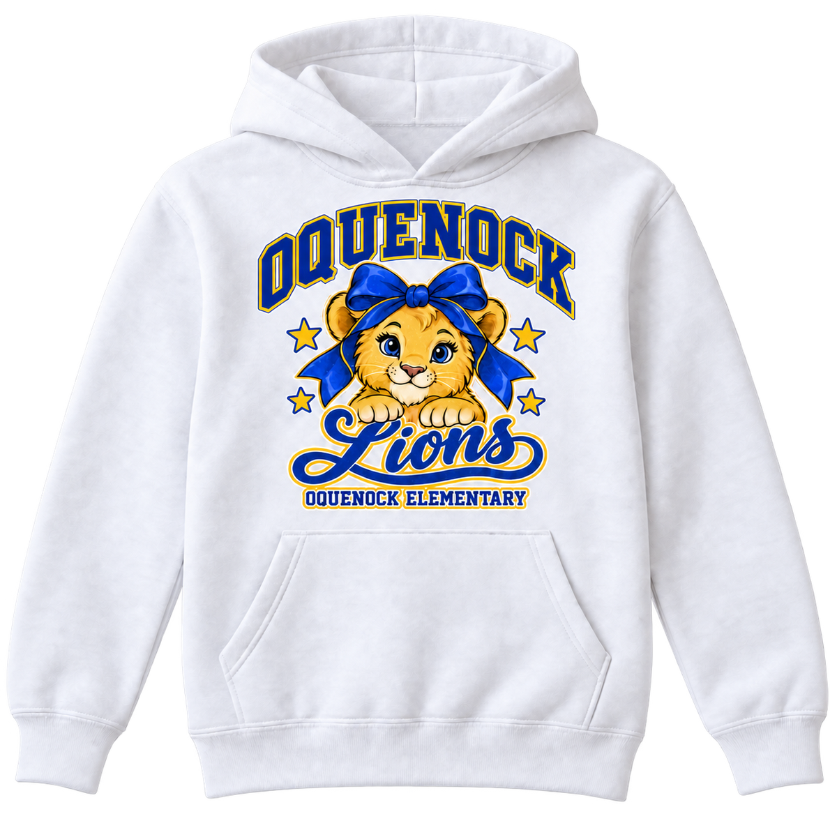 Oquenock Bow Lions Glitter Youth Hoodie in White, blue and gold lion design