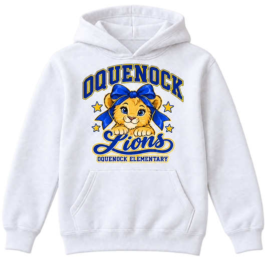 Oquenock Bow Lions Glitter Youth Hoodie in White, blue and gold lion design