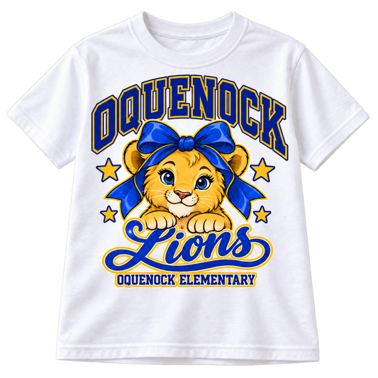 Oquenock Bow Lions Glitter Youth T-Shirt in White, blue and gold lion design