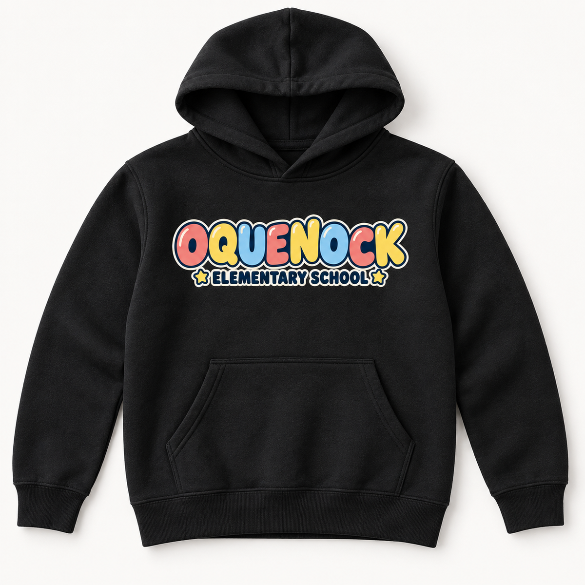 Oquenock Elementary School youth hoodie in Black, front school graphic