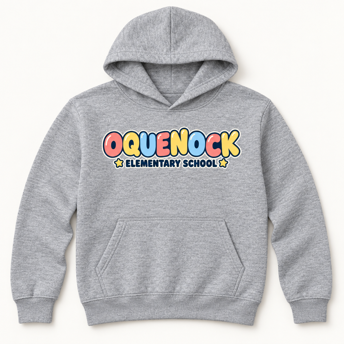 Oquenock Elementary School youth hoodie in Sport Grey heather gray, front school graphic