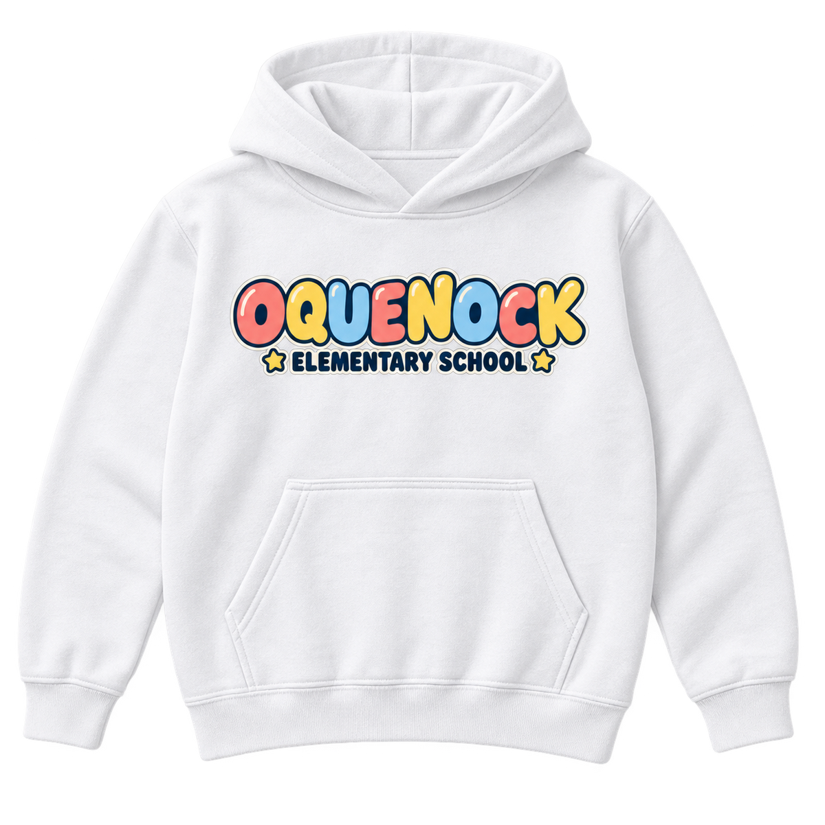 Oquenock Elementary School youth hoodie in White, front school graphic