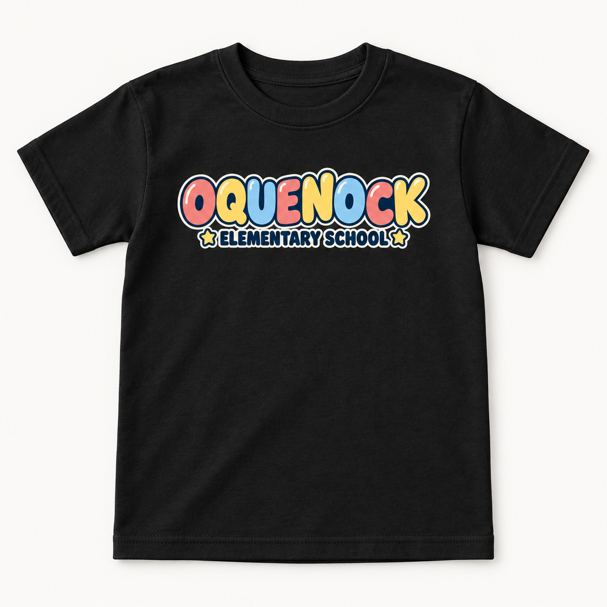 Oquenock Elementary School youth tee in Black, front school graphic