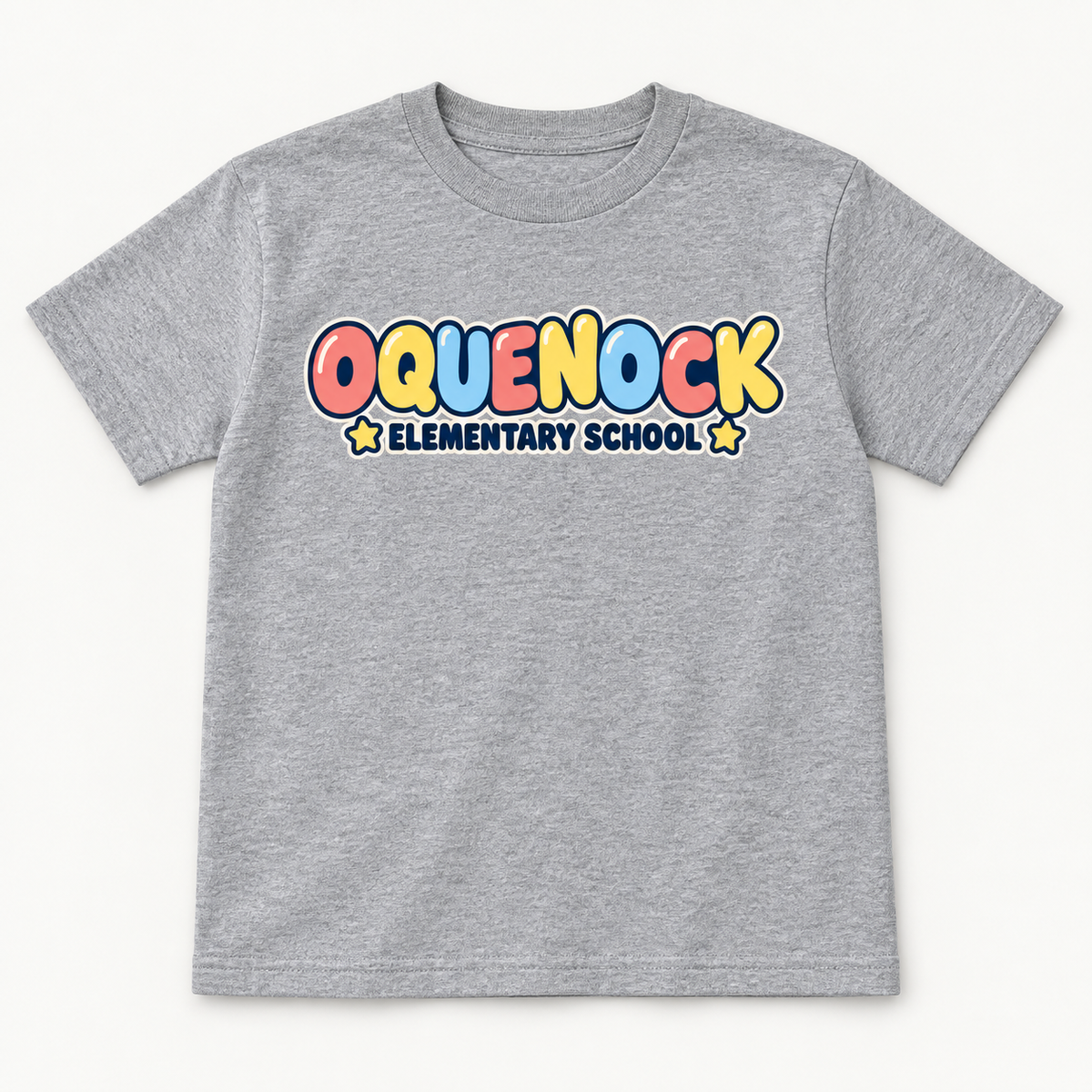 Oquenock Elementary School youth tee in Sport Grey heather gray, front school graphic
