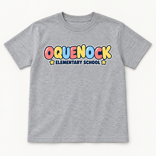 Oquenock Elementary School youth tee in Sport Grey heather gray, front school graphic