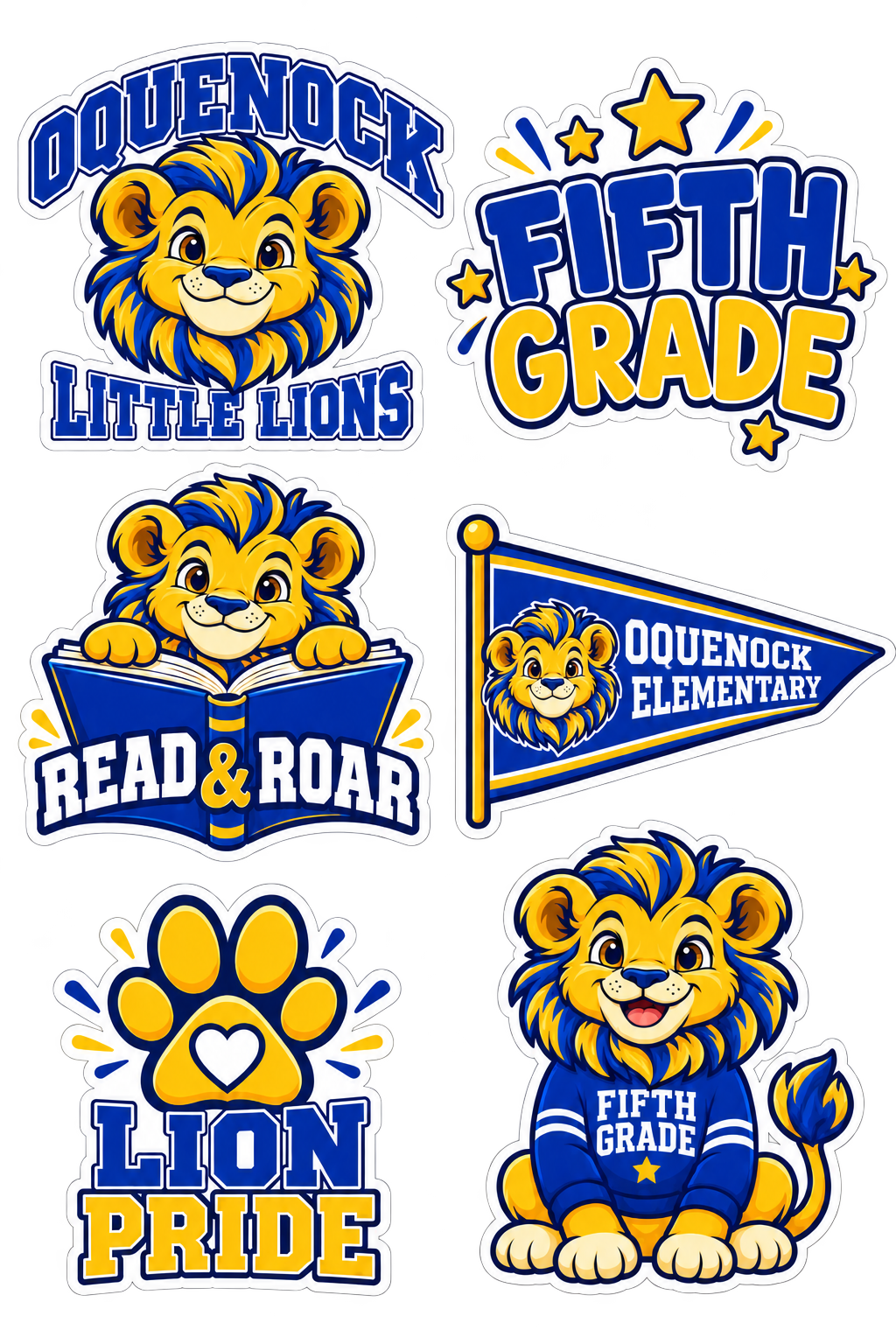 Oquenock Fifth Grade Lion Sticker Pack — 6 Stickers, blue and gold lion design