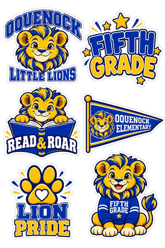 Oquenock Fifth Grade Lion Sticker Pack — 6 Stickers, blue and gold lion design