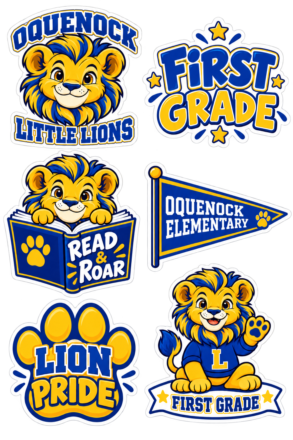 Oquenock First Grade Lion Sticker Pack — 6 Stickers, blue and gold lion design