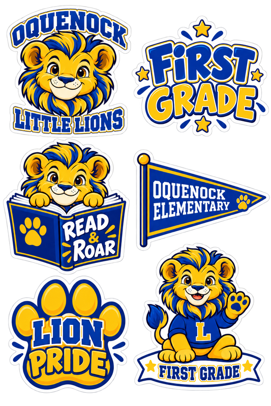 Oquenock First Grade Lion Sticker Pack — 6 Stickers, blue and gold lion design