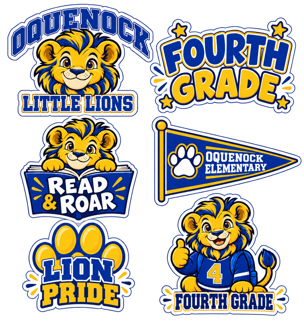 Oquenock Fourth Grade Lion Sticker Pack — 6 Stickers with six blue and gold lion stickers