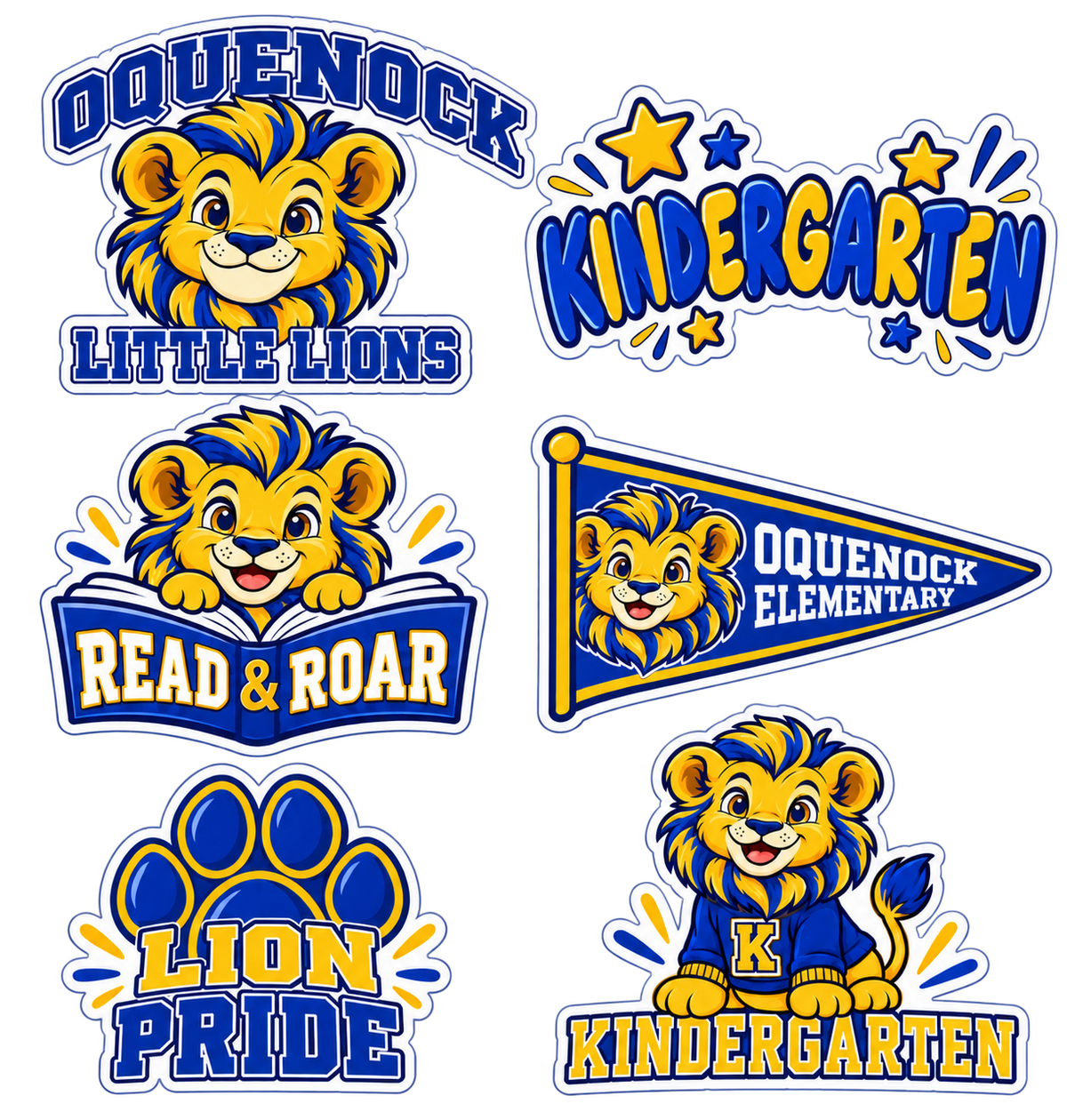 Oquenock Kindergarten Lion Sticker Pack — 6 Stickers with six blue and gold lion stickers