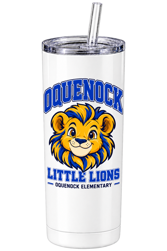 Oquenock Little Lions Tumbler with Lid & Straw in White, blue and gold lion design