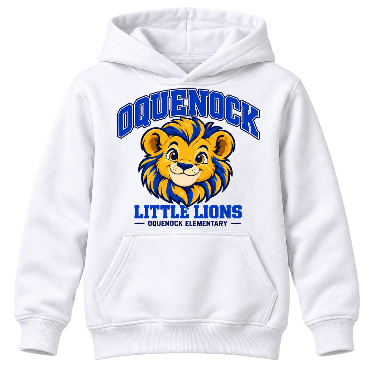 Oquenock Little Lions Youth Hoodie in White, blue and gold lion design