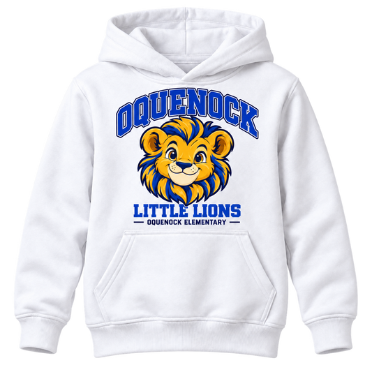 Oquenock Little Lions Youth Hoodie in White, blue and gold lion design