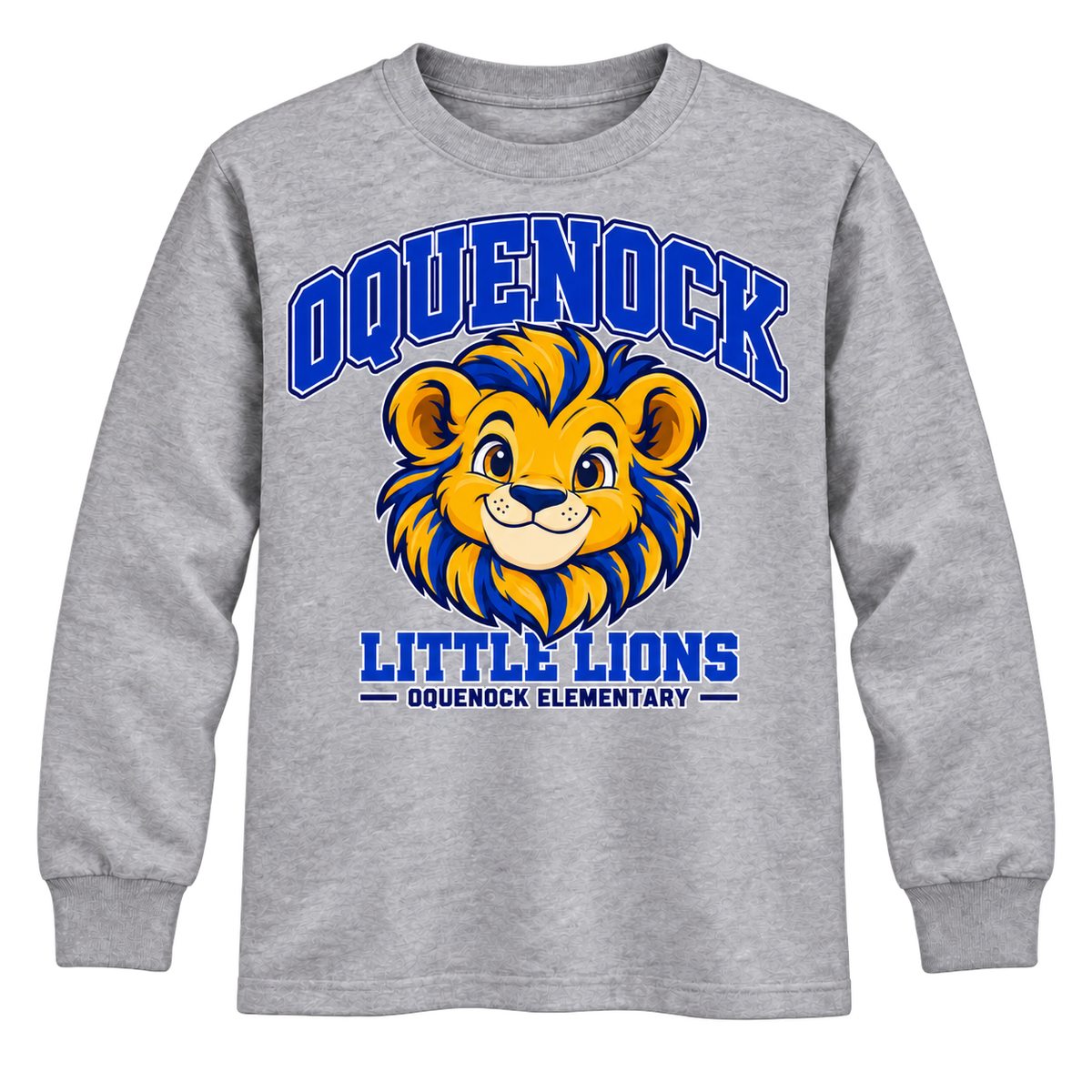 Oquenock Little Lions Youth Long Sleeve in Sport Grey, blue and gold lion design