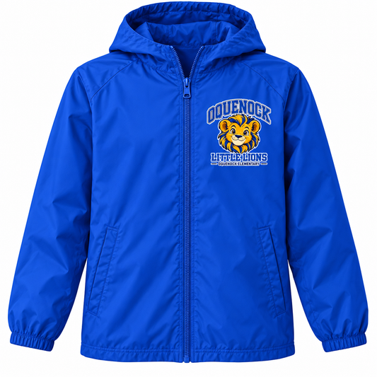 Oquenock Little Lions Youth Full-Zip Windbreaker in Royal Blue, front view