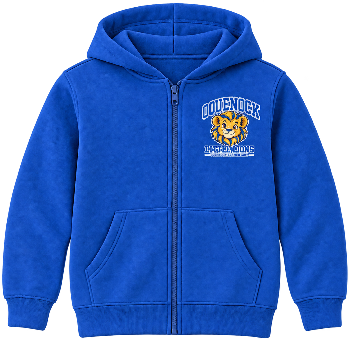 Oquenock Little Lions Youth Zip-Up Hoodie in Royal, blue and gold lion design