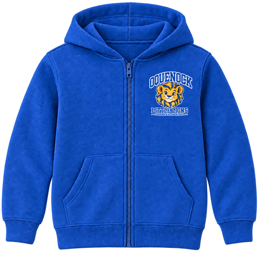 Oquenock Little Lions Youth Zip-Up Hoodie in Royal, blue and gold lion design