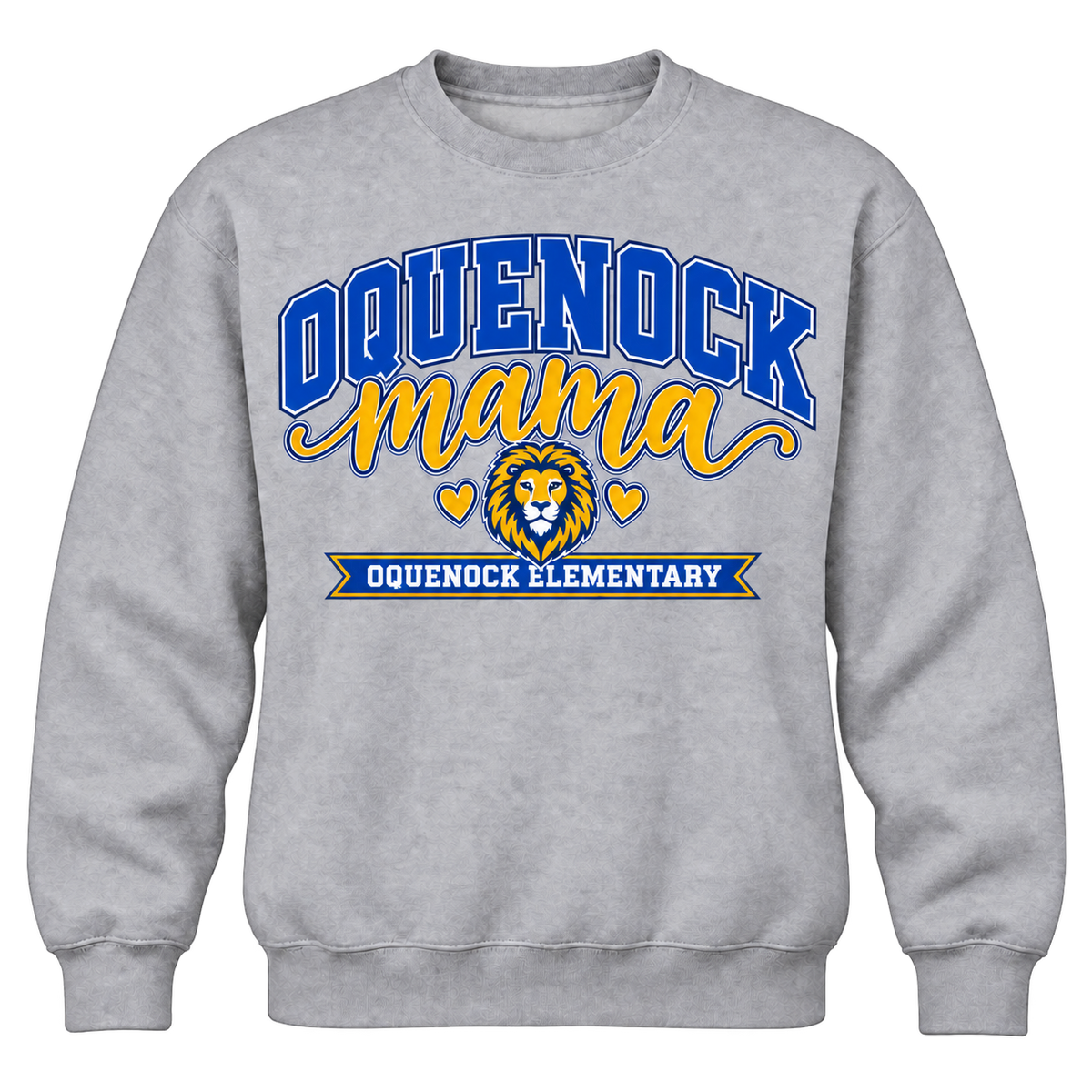 Oquenock Mama Adult Crewneck in Sport Grey, blue and gold lion design