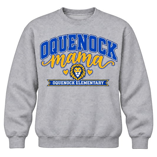 Oquenock Mama Adult Crewneck in Sport Grey, blue and gold lion design
